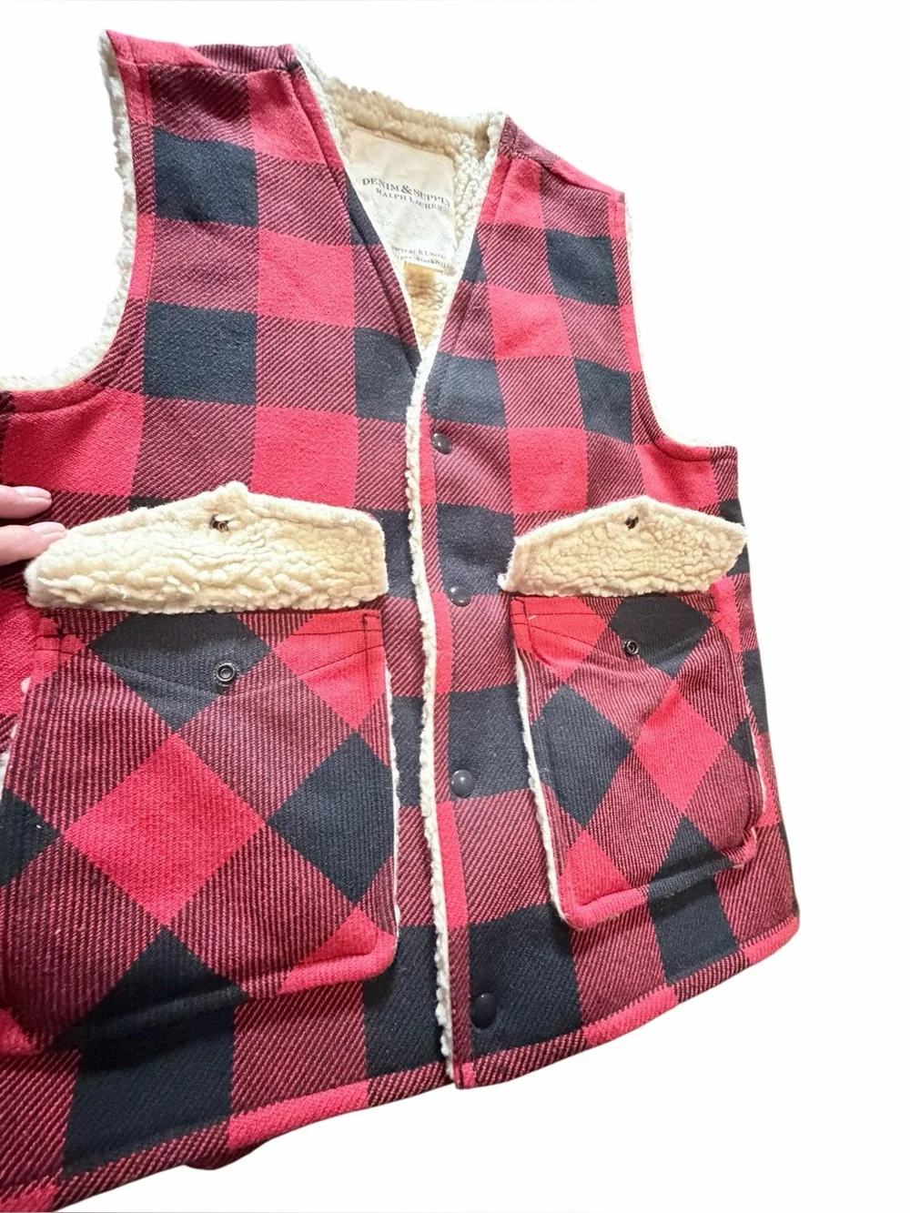 Ralph Lauren Denim & Supply Wool Blend Buffalo Plaid Sherpa Lined Vest Rustic